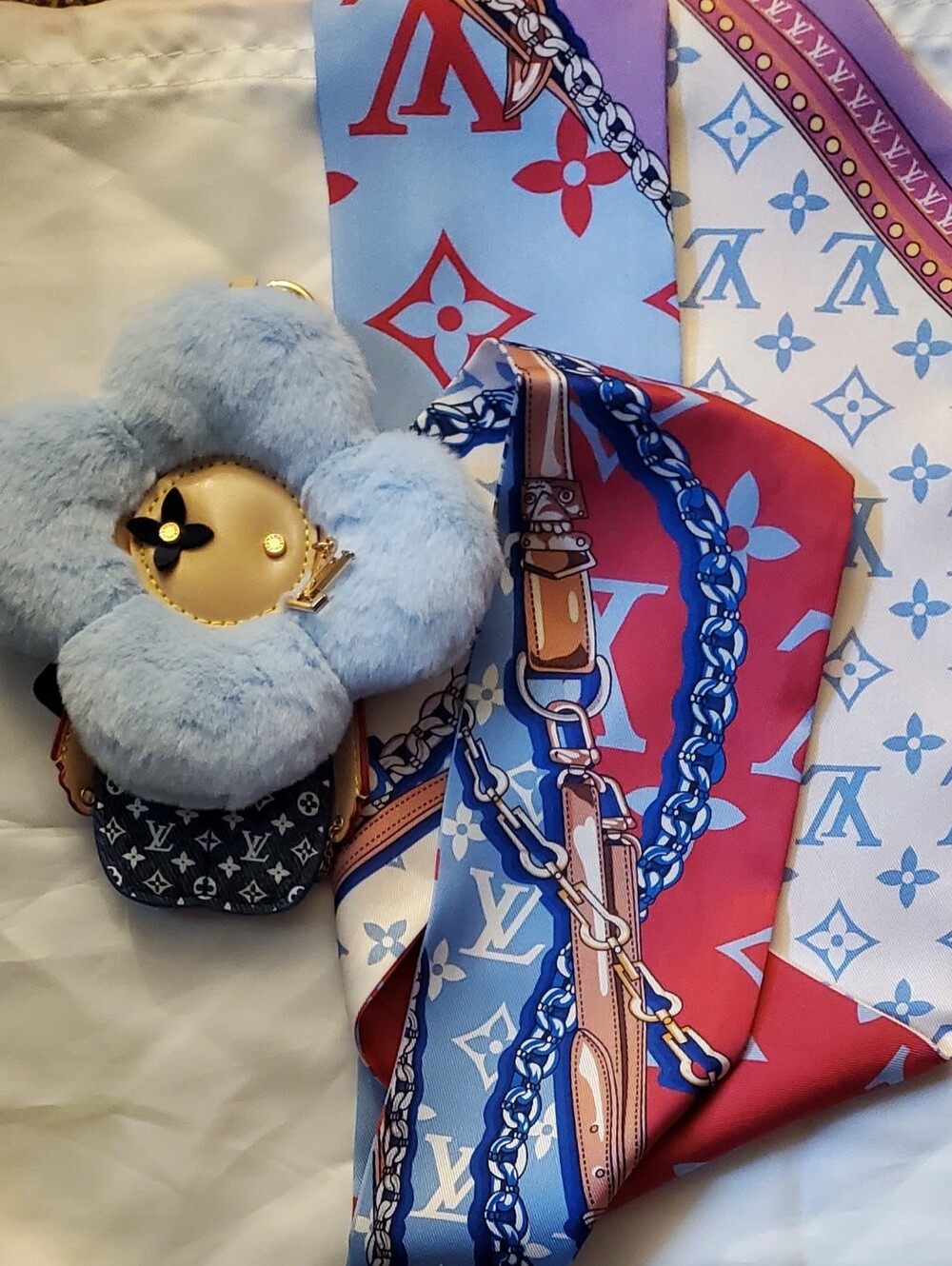 Multicolor Silk Bag Twilly, Scarf;Blue Flower Character Bag Charm
